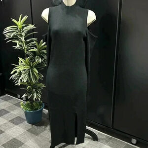 Madden Girl bodycon knit maxi dress,cold shoulder,high neck,long sleeve,slit